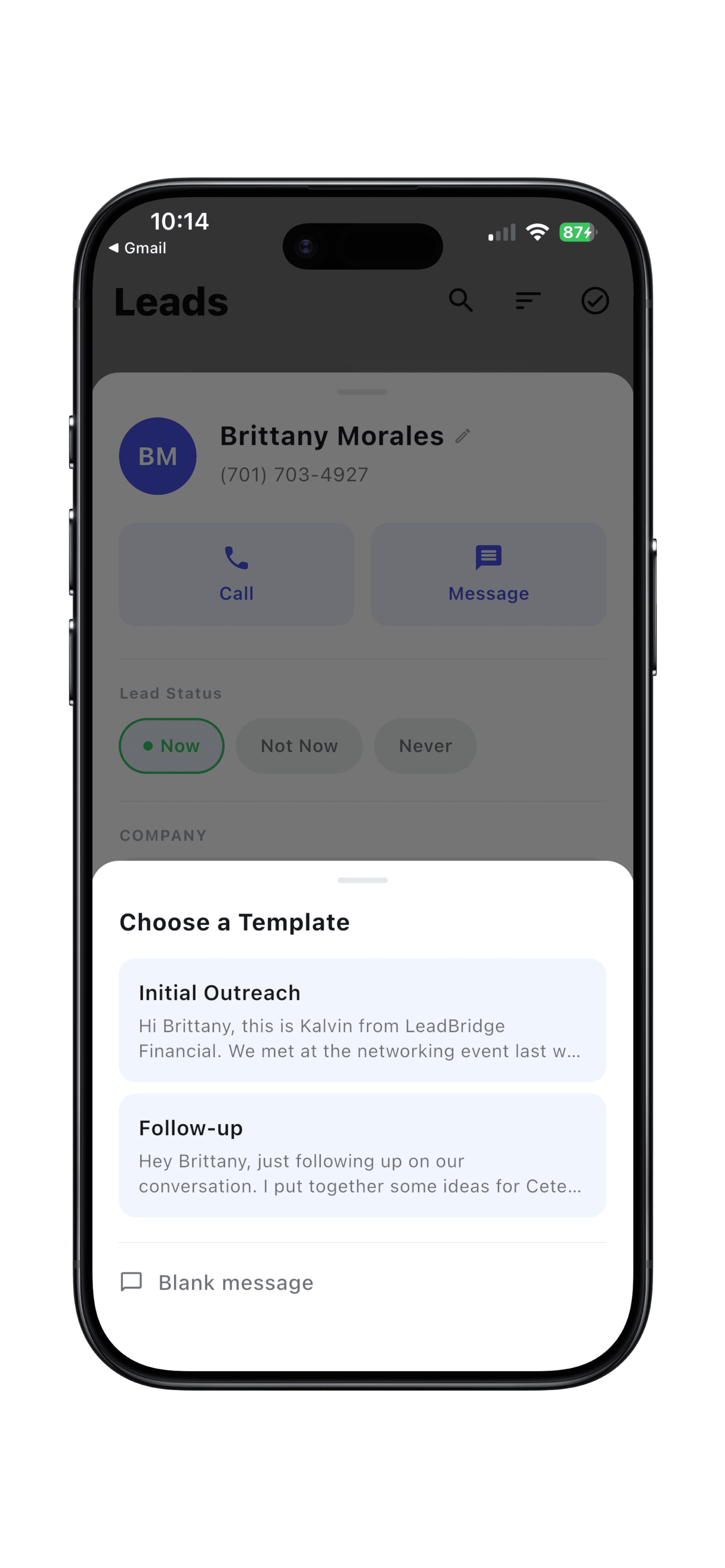LeadBridge message template screen